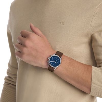 Мужские часы Calvin Klein Monogram Chronograph Leather Strap Watch, цвет: Синий — фото 4