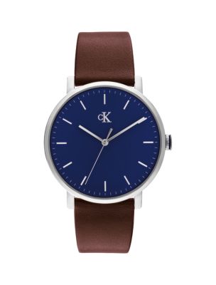 Minimalist Monogram Leather Strap Watch, Blue