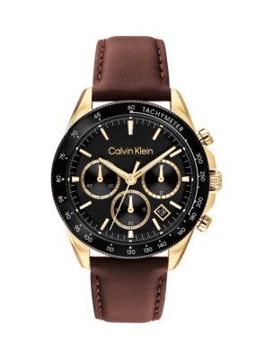 Sport Chronograph Leather Strap Watch, Black