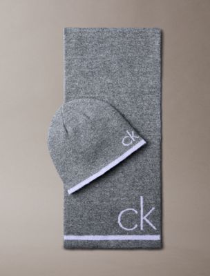 Flocked Monogram Logo Beanie and Scarf Set, Medium Grey Heather