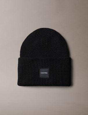 Woven Logo Patch Beanie, Black