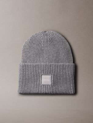 Woven Logo Patch Beanie, Grey