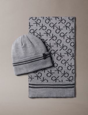 Flocked Monogram Logo Beanie and Scarf Set, Medium Grey Heather