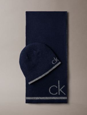 Flocked Monogram Logo Beanie and Scarf Set, Medieval Blue
