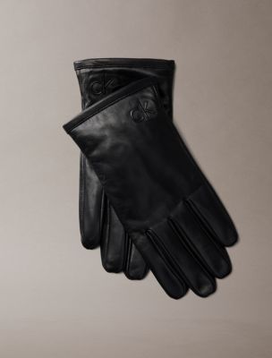 Women's Monogram Logo Side Zip Leather Gloves, Black