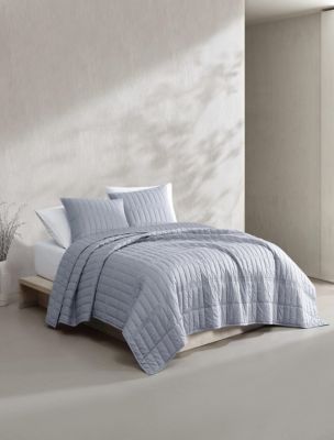 Washed Percale Cotton Quilt Set, Steel Blue