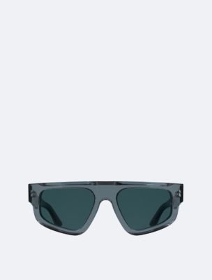 Emblem Logo Modified Rectangle Sunglasses, Transparent Blue