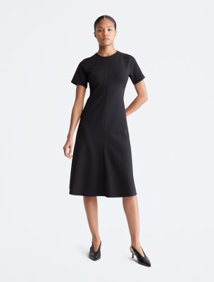 Short Sleeve Flare Skirt Midi Dress, Black