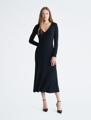 V-Neck Midi Dress, Black Beauty