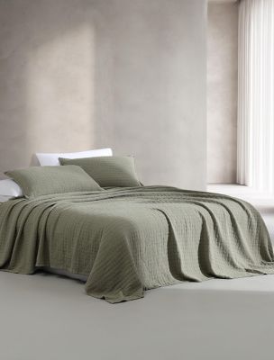 Essential Garment Washed Cotton Jacquard Coverlet, Vetiver Green