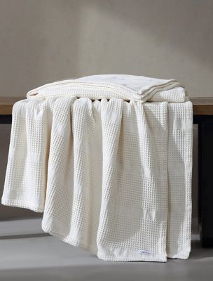 Waffle Stripe Cotton Blanket, Ivory