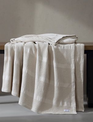 Waffle Stripe Cotton Blanket, Light Beige
