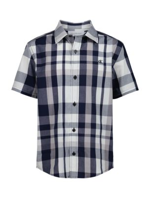 Boys Plaid Classic Button-Down Shirt , Blueberry/Soft Blue