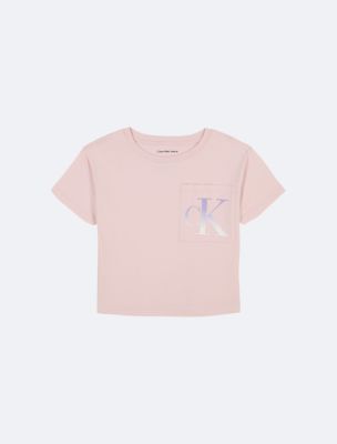Girls Monogram Logo Pocket Boxy Tee, Pale Lilac
