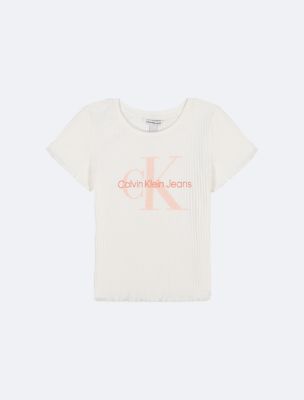 Girls Chunky Rib Monogram Logo Tee, Egret