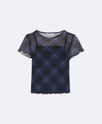 Girls Mesh Plaid Top, Smoke Blue/Aqua