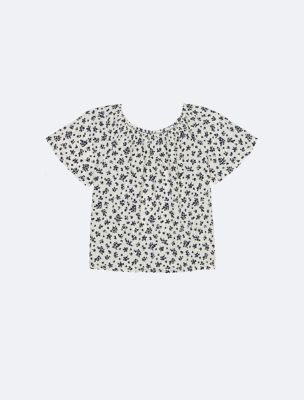 Girls Floral Print Short Sleeve Top, Egret