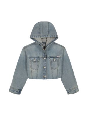 Girls Denim Hooded Jacket, Coastal/Tibtn Red/Plr Sky