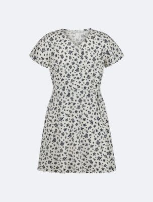 Girls Floral Wrap Dress, Black / White Floral