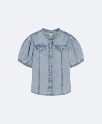 Girls Denim Button-Down Shirt, Aqua Spray/Arbon Blue