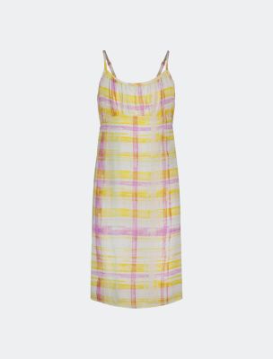 Girls Plaid Ruched Bodice Slip Dress, White Multi