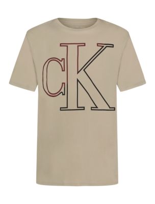 Boys Oversized Outline Monogram Crewneck Tee, Tan