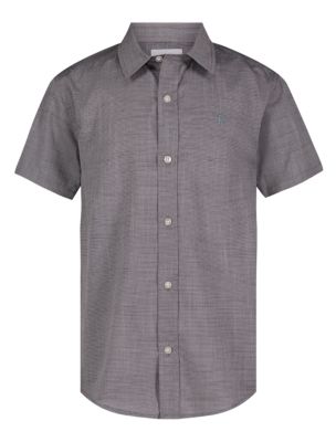 Boys Stripe Button-Down Short Sleeve Shirt, Grey