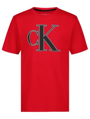 Boys Chain Stitch Monogram Logo Tee, Racing Red
