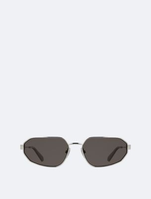 Metal Slim Modified Rectangle Sunglasses, Silver/ Ivory