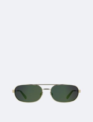 Metal Oval Sunglasses, Gold/Matte Green