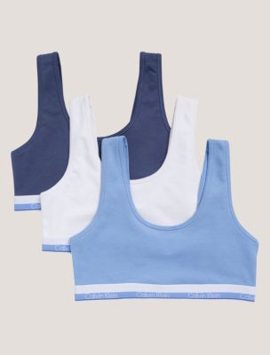 Girls Varsity Cotton Stretch 3-Pack Bralette, Blue Descent /  White / Blue Indigo