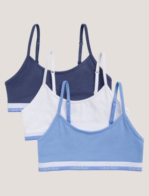 Girls Varsity Cotton Stretch 3-Pack Cropped Bralette, Blue Descent / White / Blue Indigo