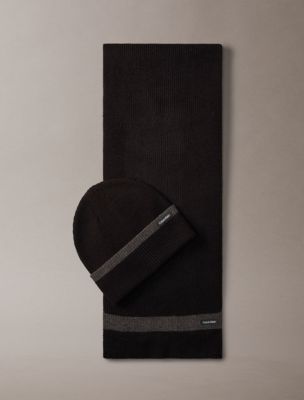 Striped Hat and Scarf Gift Set, Black / Heather Grey
