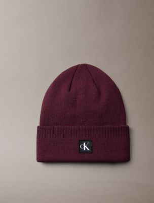 Monogram Embroidery Cuff Beanie, Raspberry Truffle