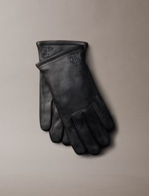 Leather Monogram Logo Gloves, Black