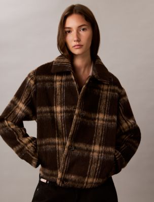 Plaid Wool Blend Shirt Jacket, Brown Plaid