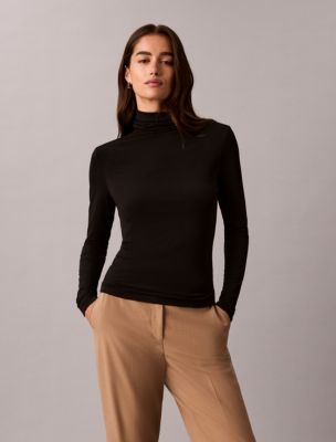 Женский топ Calvin Klein из крепового джерси с воротником-стойкой, цвет: Чёрный — фото 1