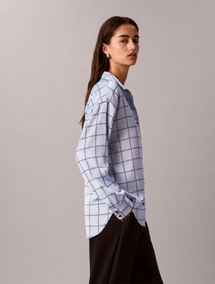 Женская атласная рубашка Calvin Klein в клетку на пуговицах, цвет: Crystblu/Tnavy — фото 5