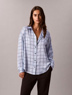 Женская атласная рубашка Calvin Klein в клетку на пуговицах, цвет: Crystblu/Tnavy — фото 6