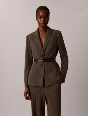 Herringbone Two-Button Belted Jacket, Black Multi
