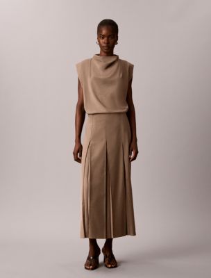 Stretch Inverted Pleat Midi Skirt, Iron Melange