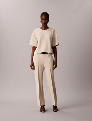 Soft Pintuck Pull-On Belted Trousers, Abalone