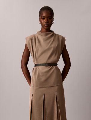 Stretch Drape Neck Belted Shell, Lt Iron Melange