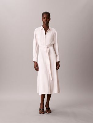 Satin Stripe Midi Shirt Dress, Sea Salt