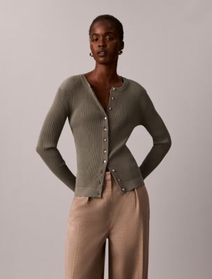 Ribbed Button-Front Cardigan, Iron