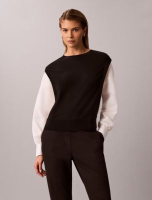 Женский топ Calvin Klein из поплина с эффектом двух слоев, цвет: Чёрный / Белый — фото 1
