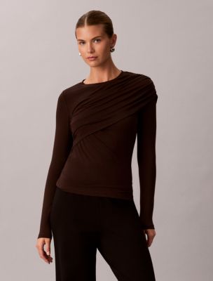 Wrapover Long Sleeve Tee, Dark Coffee