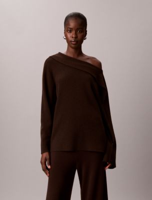 Asymmetrical Drape Neck Sweater, Dark Coffee