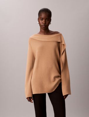 Asymmetrical Drape Neck Sweater, Palomino