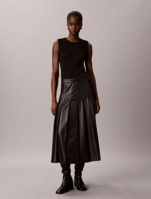 Faux Leather Pleated Midi Skirt, Black